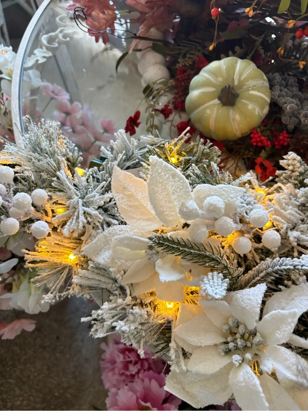 Holiday Flocked Pine and Poinsettia Garland with Warm LED Lights
